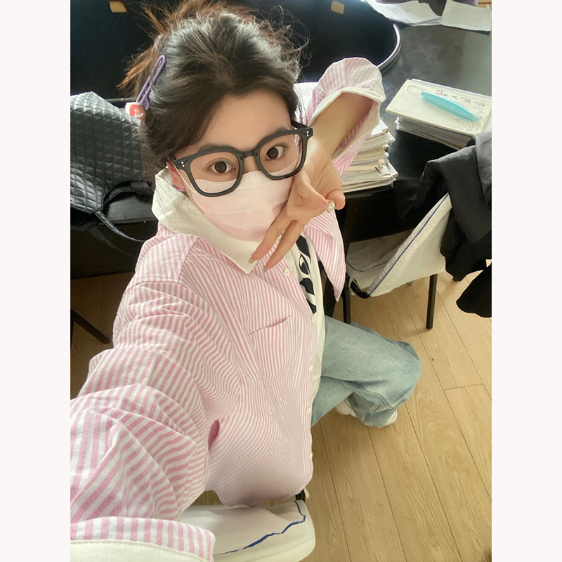 韓版寬鬆慵懶風粉色條紋長袖襯衫春秋拼接polo領設計感小眾開衫女