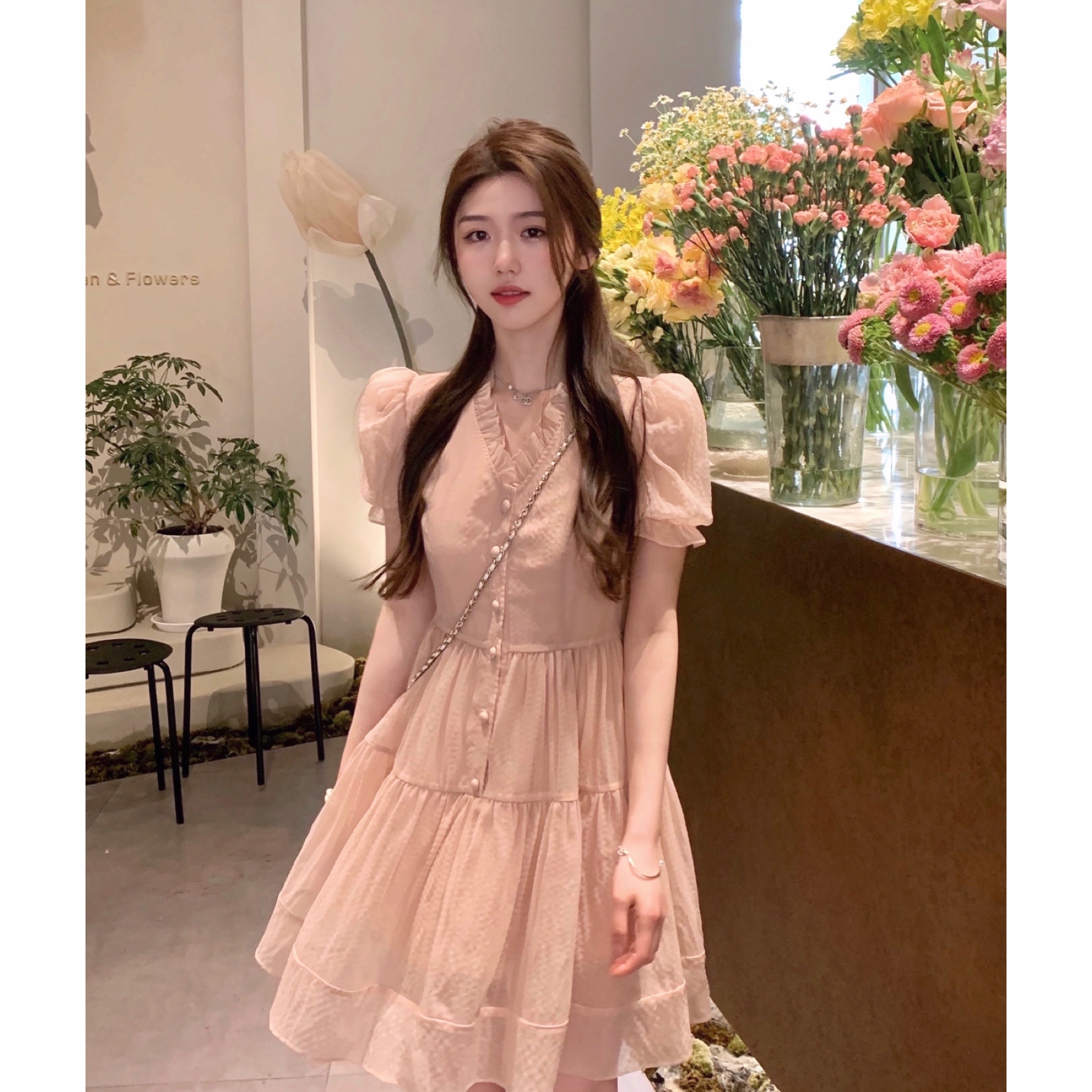法式溫柔小香風連衣裙女夏季2024年超仙甜美初戀網紗小個子收腰裙