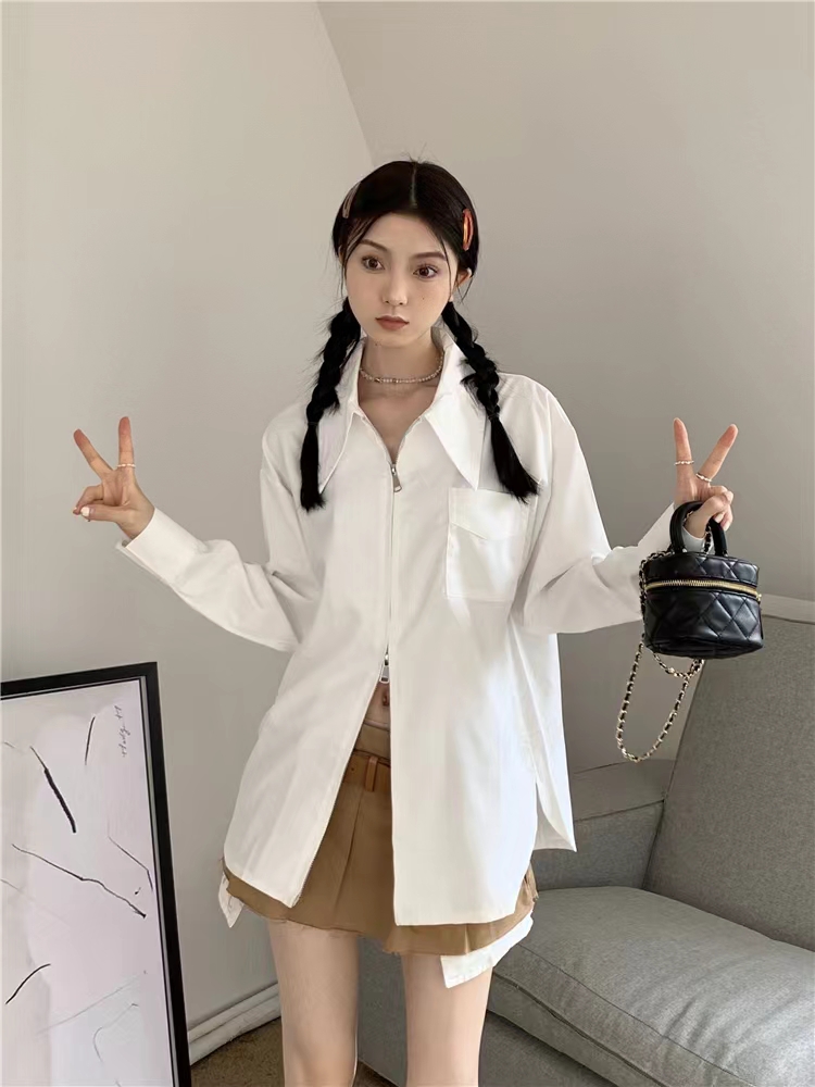 法式復古設計拉鏈白色POLO領長袖襯衫女小眾氣質寬鬆