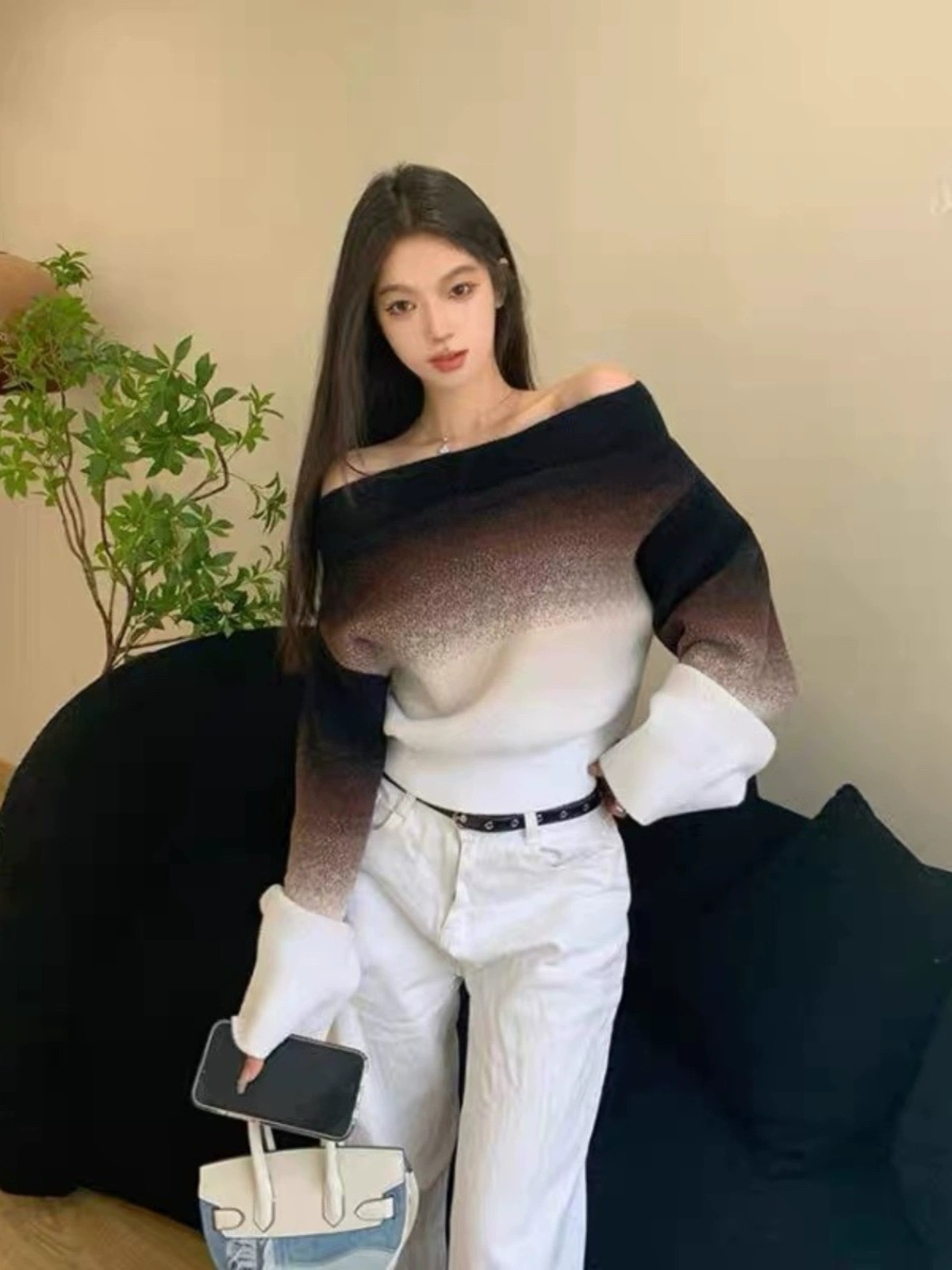 漸變一字肩毛衣高級感女新款寬鬆顯瘦慵懶性感長袖針織衫上衣2024
