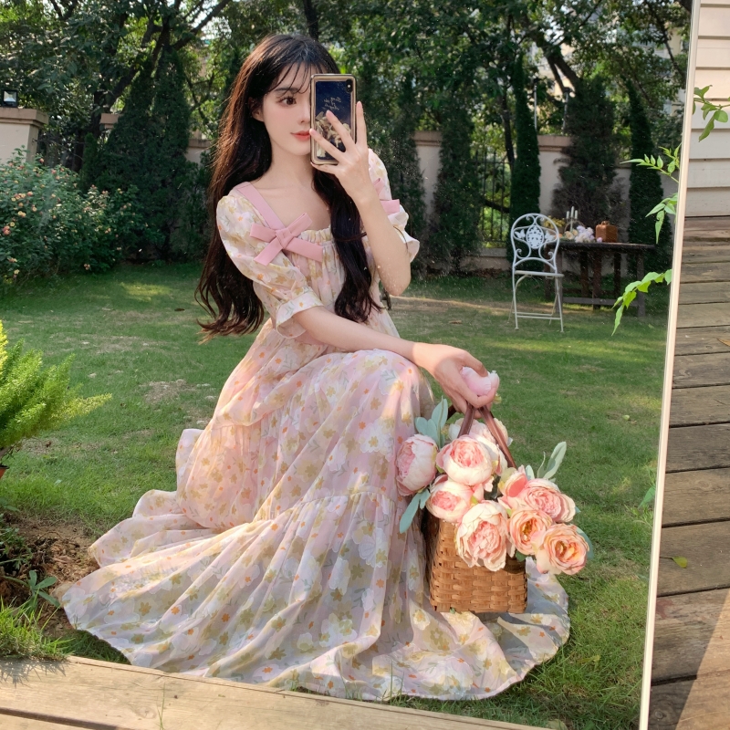 Plus size women's forest sweet floral dress summer French gentle style girl tea break dress waist princess dress