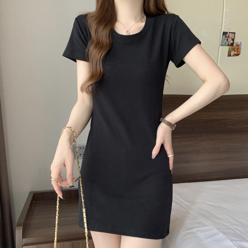 實拍  40支純棉 2024夏裝修身連衣裙女小黑裙