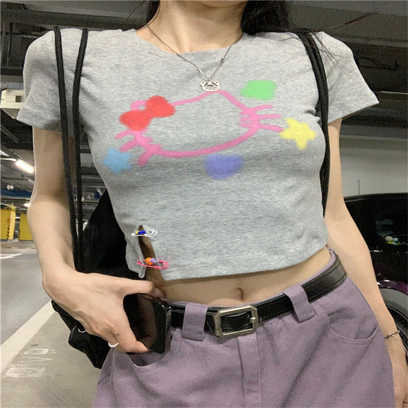 灰色卡通塗鴉印花短袖T恤女春季辣妹多巴胺穿搭緊身短款正肩上衣