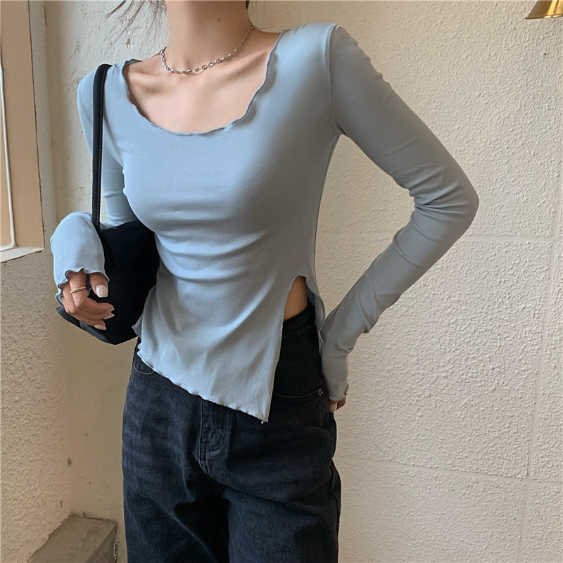 牛奶絲純色T恤女短款不規則修身開叉長袖內搭打底衫
