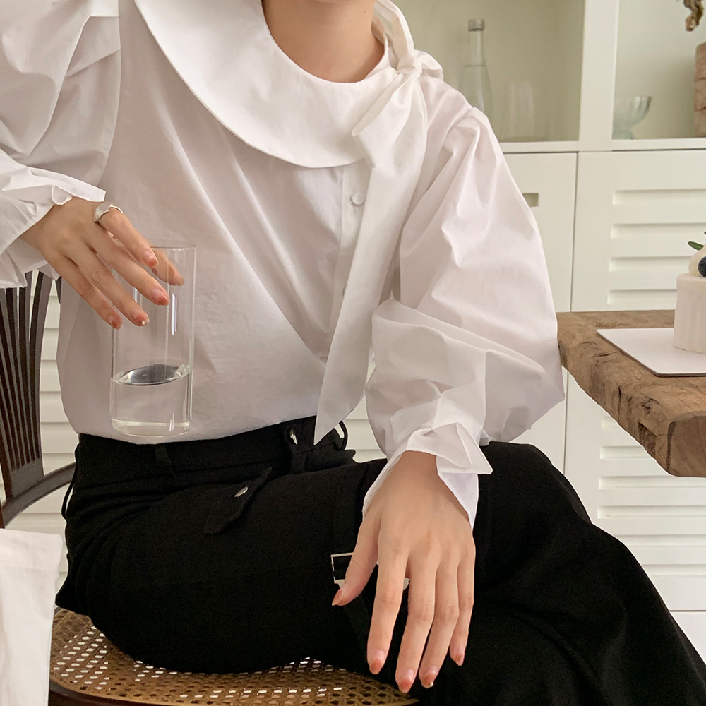 白色襯衫女設計感小眾蝴蝶結上衣女春季圓領寬鬆顯瘦泡泡袖襯衣女