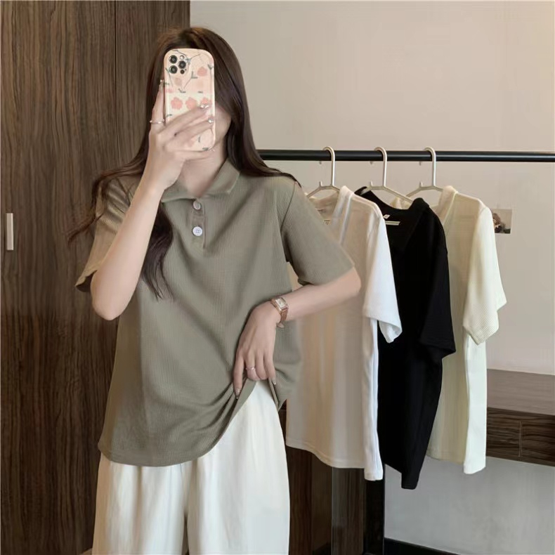 實拍 2024新款夏季設計感華夫格POLO領短袖T恤女