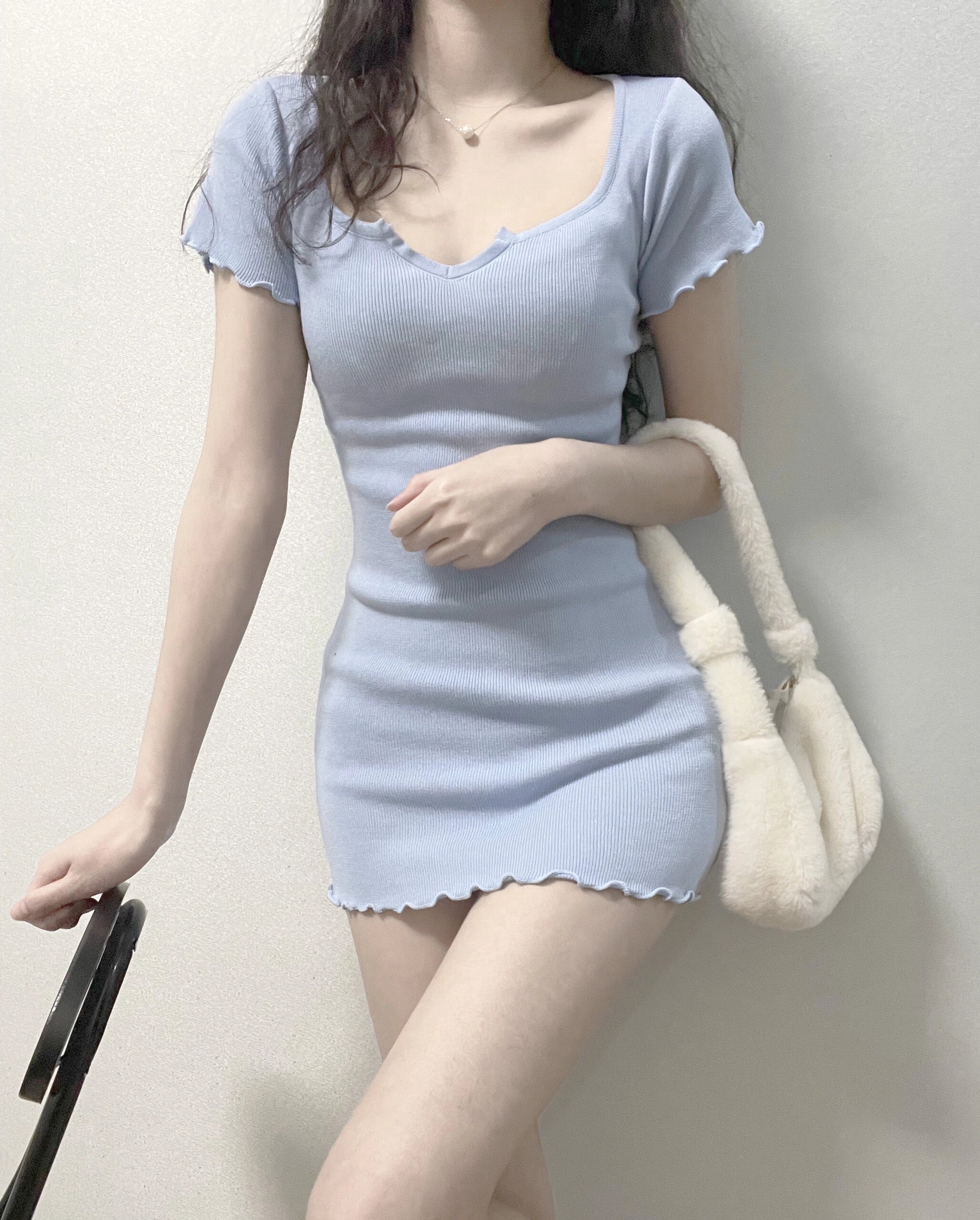 已出貨 羅紋 v領短袖連衣裙修身純欲包臀短裙子