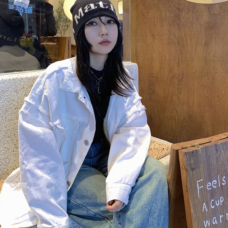 實拍！白色牛仔外套女春季新款設計感小眾炸街復古夾克上衣