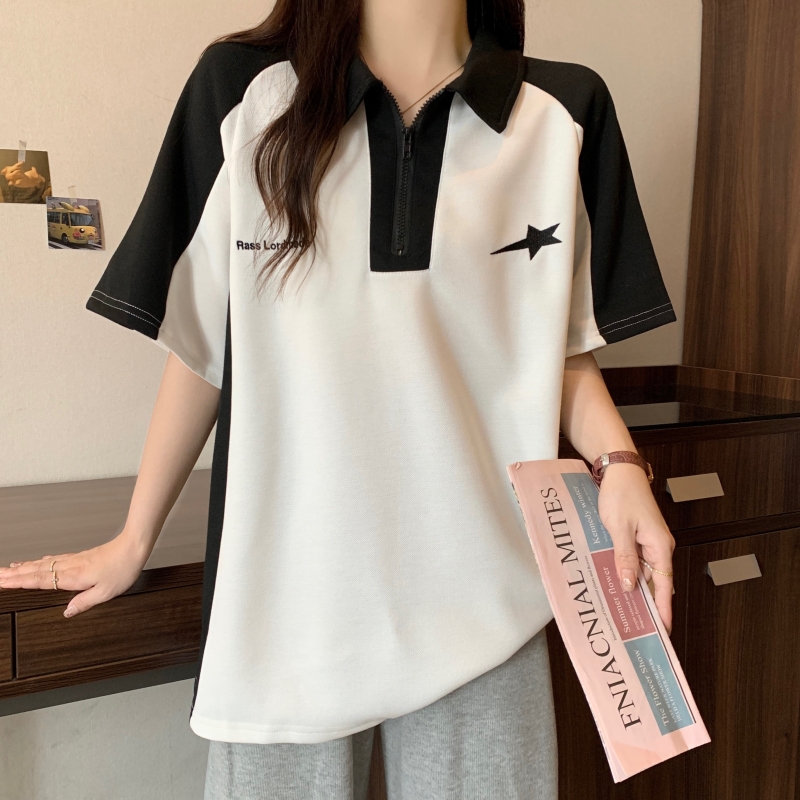 實拍  6535珠地22%棉 80%塗2024夏裝刺繡短袖T恤女拉鏈