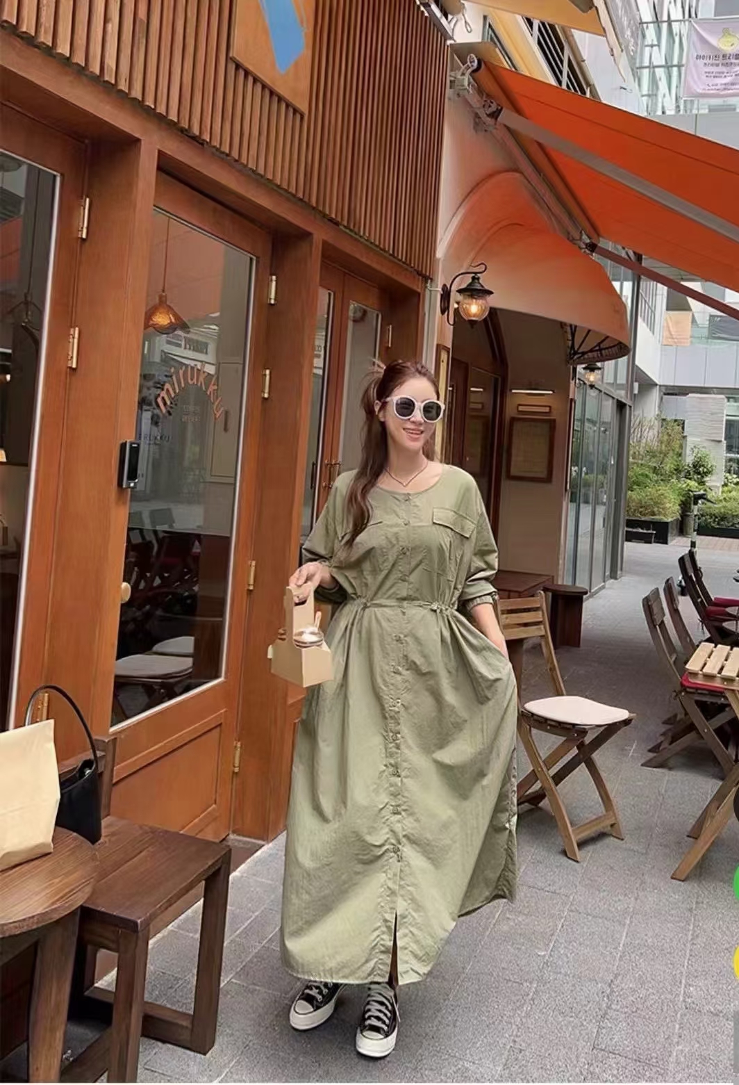 South Korea Dongdaemun 2024 round neck pocket waist belted long dress