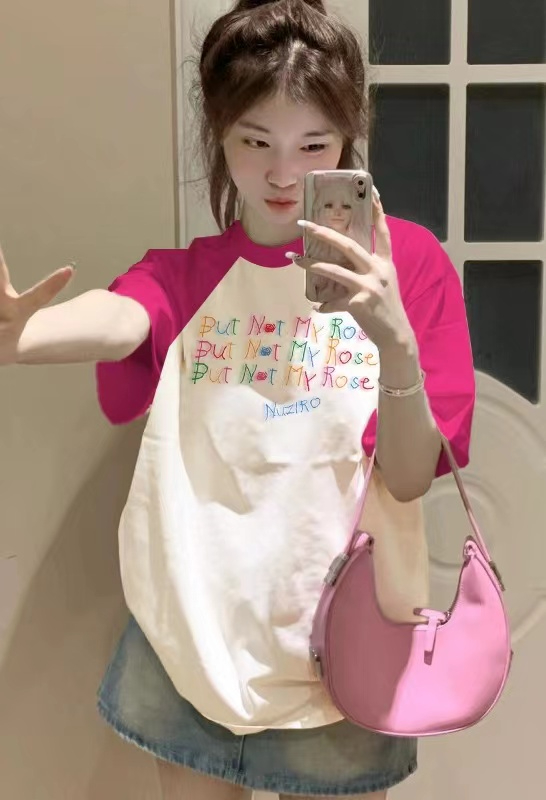 玫紅色插肩短袖t恤女夏日多巴胺穿搭設計感小眾oversize寬鬆上衣