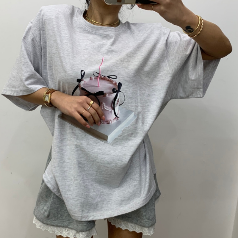 青春少女蝴蝶結印花圓領寬鬆休閒短袖T恤