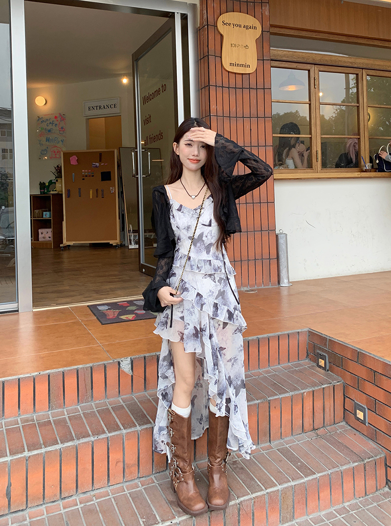 松本喪喪 蝴蝶裙碎花不規則吊帶裙2024早春連衣裙新款荷葉邊裙子