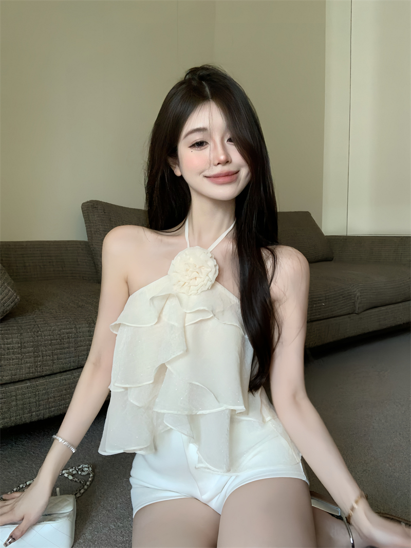 實拍~純欲荷葉邊露背綁帶掛脖吊帶背心短款辣妹上衣
