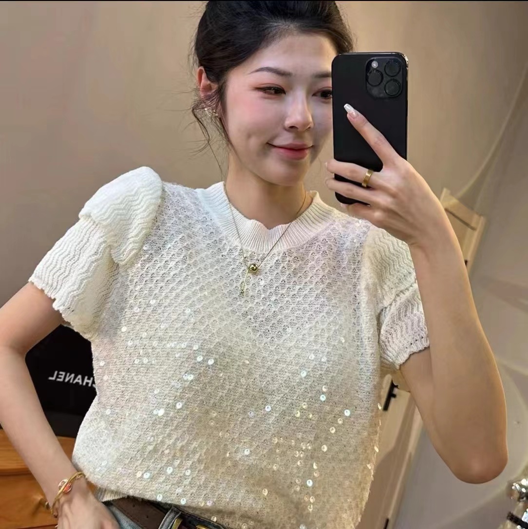 法式重工亮片花苞袖套頭圓領毛衣女2024年春季新款