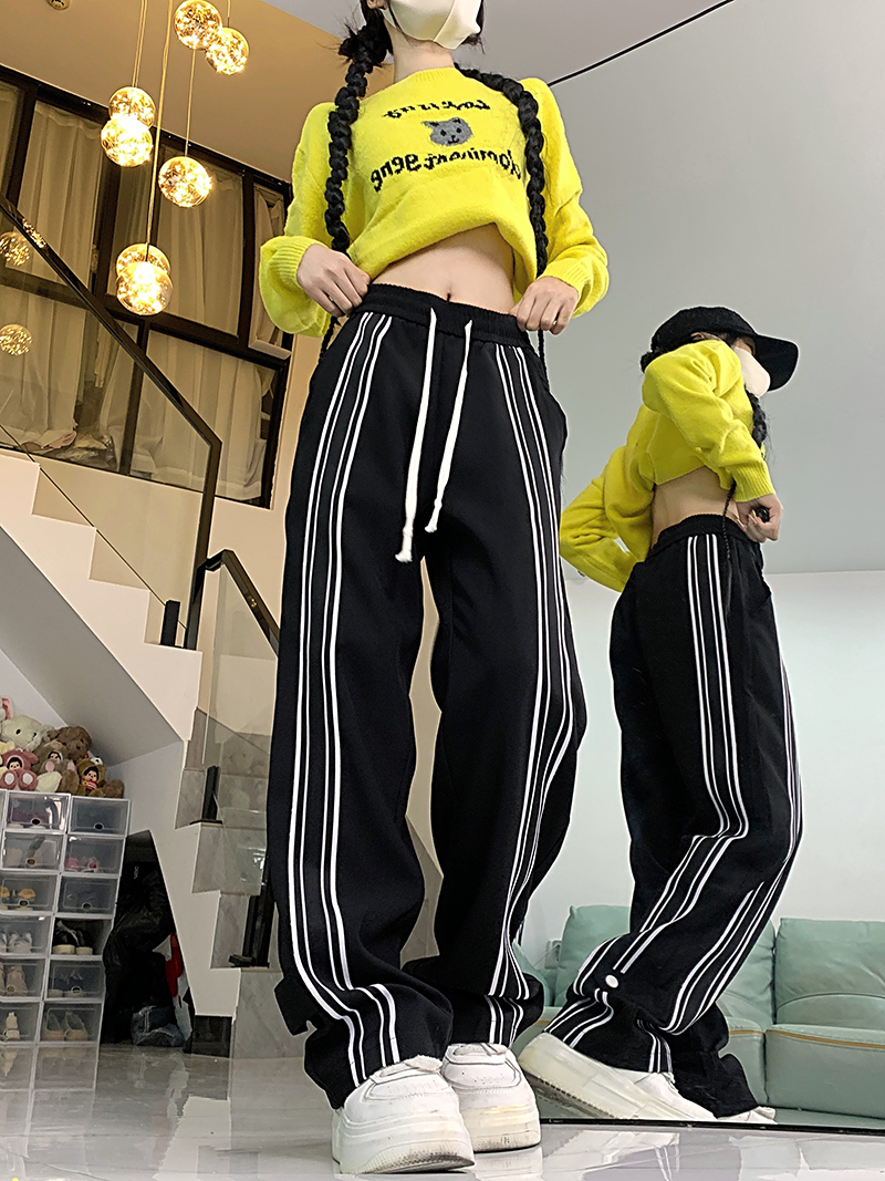 實拍 華棉複合 條紋美式高街垂感直筒運動褲寬鬆闊腿休閒褲