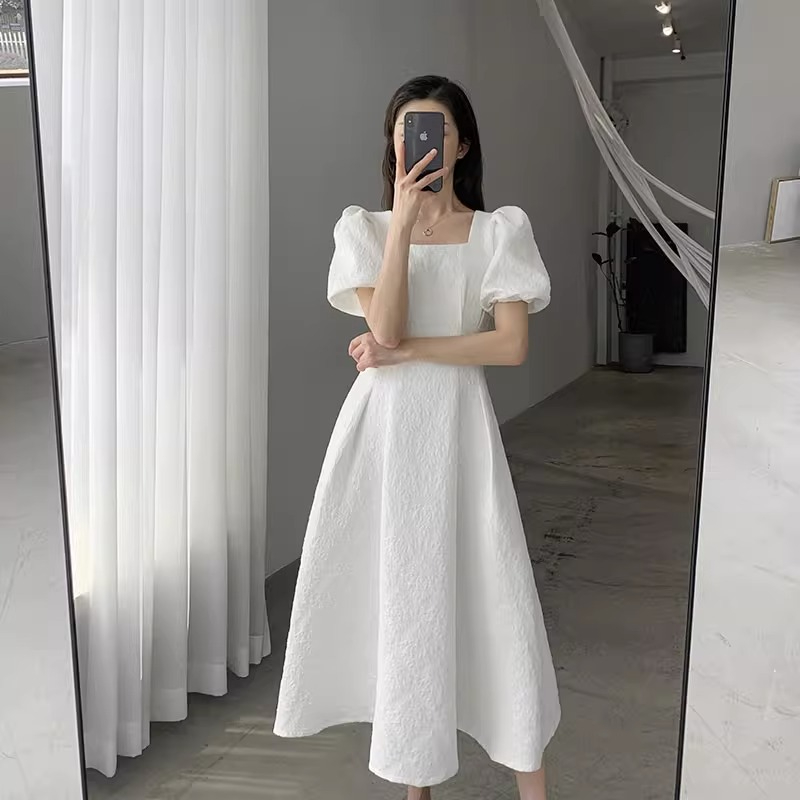 原版做工法式高級感白色泡泡袖連衣裙顯瘦氣質仙女森系小白裙