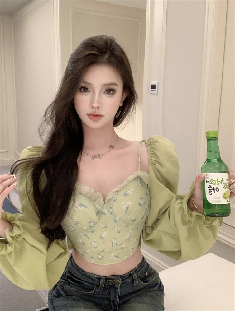 實拍 性感碎花吊帶背心+泡泡袖開衫外套 兩件套