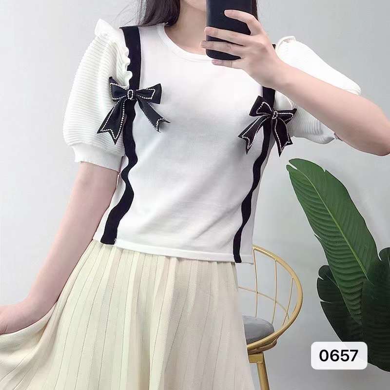 夏季新款網紅鑲鑽蝴蝶結高腰短袖上衣女
