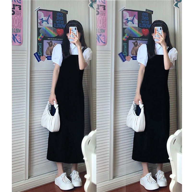 原版做工學院風黑色背帶連衣裙女夏韓系收腰溫柔小個子a字長裙