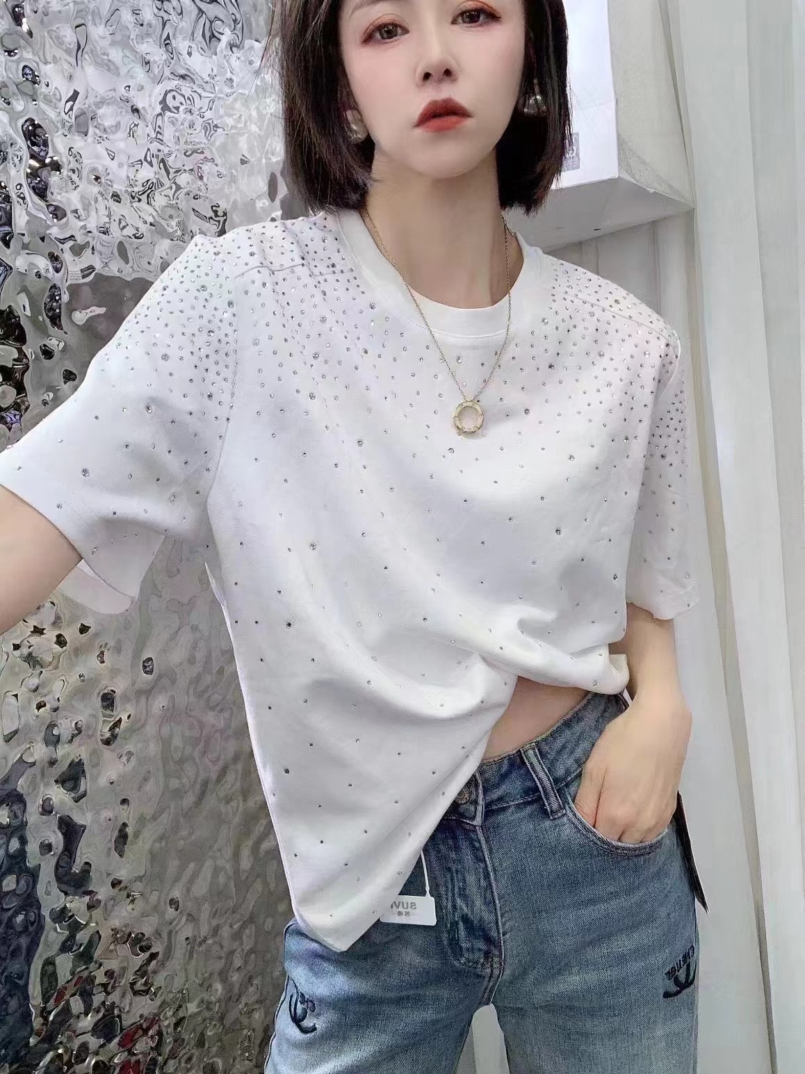 歐貨高品質潮牌滿天星閃鑽純棉寬鬆洋氣流行時尚短袖T恤女潮