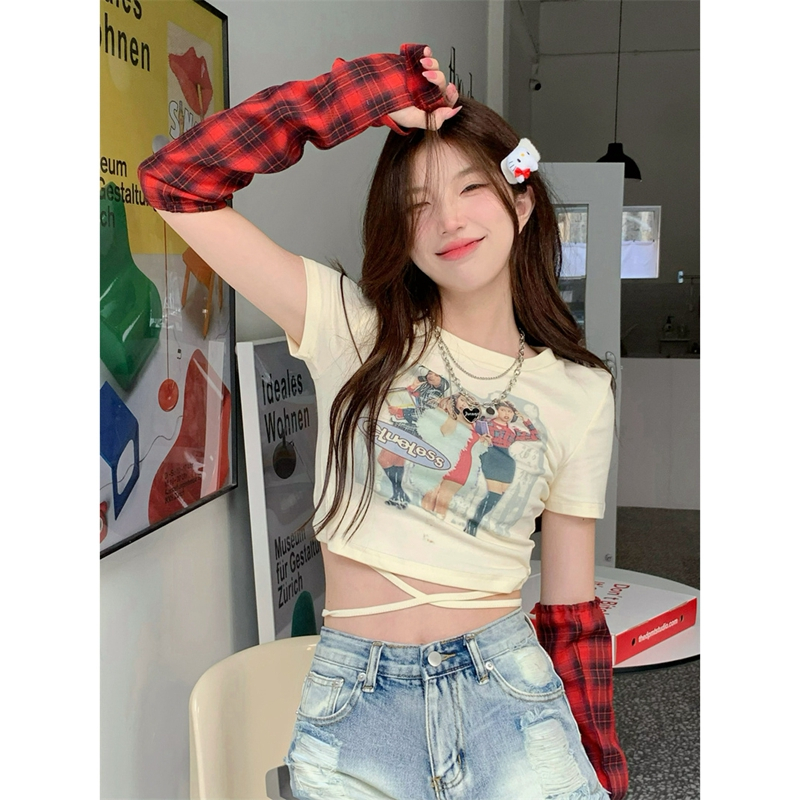 帶袖套 辣妹印花短袖t恤女夏季設計感小眾綁帶顯瘦短款露臍上衣