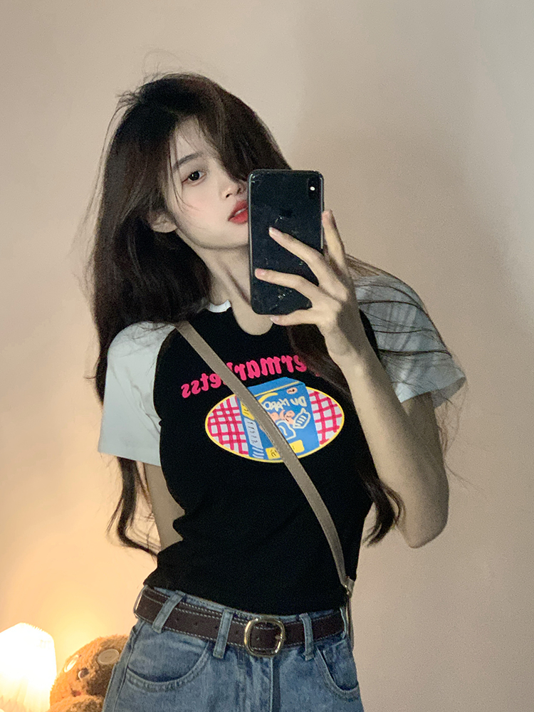 原創~實拍~牛角袖印花顯瘦修身短袖T恤女夏