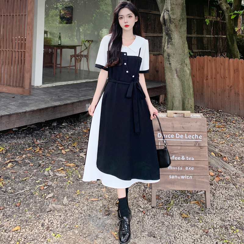 Real shot of plus size women's summer French niche design dress irregular temperament Hepburn style A-line long skirt