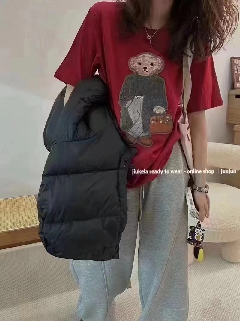 韓版女裝2024早春新款時髦趣味小熊印花寬鬆顯瘦內搭短袖T恤上衣