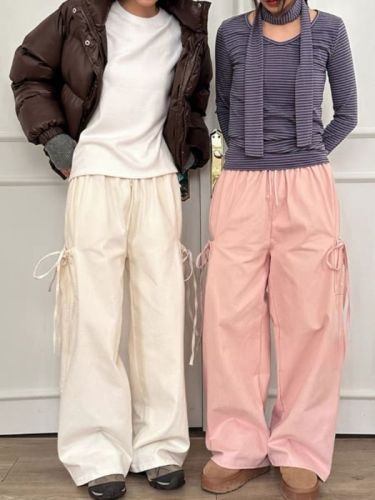 韩国2024 蝴蝶结设计绑带口袋宽松直筒休闲长裤