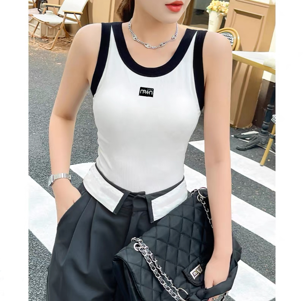 美式撞色小吊帶背心女夏外穿修身短款內搭帶胸墊打底無袖上衣