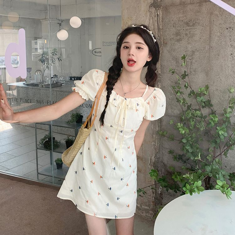 法式復古夏季新款韓版小清新甜美氣質顯瘦碎花少女短袖A字連衣裙