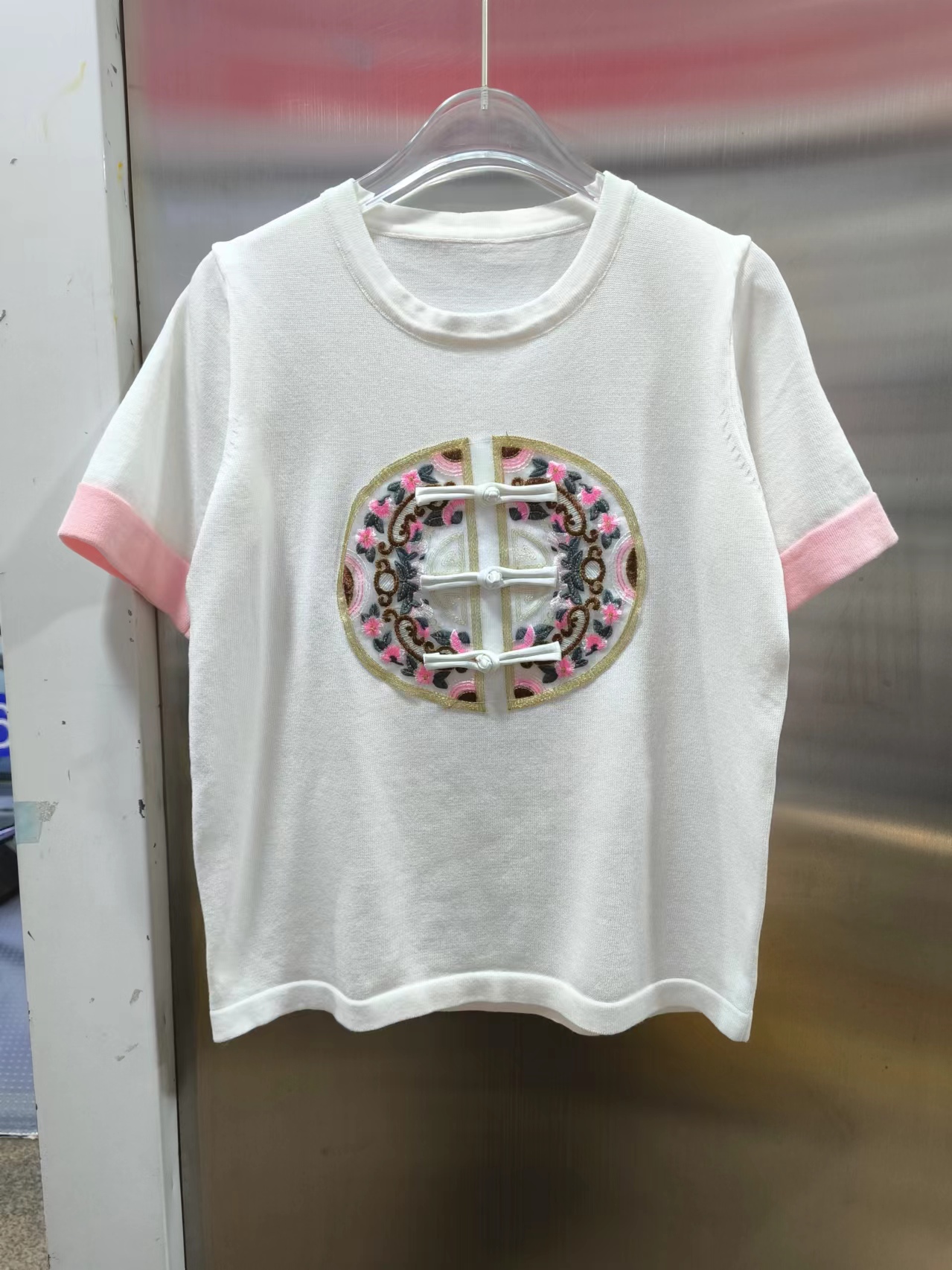 新中式國風刺繡短袖T恤女2024夏季新款洋氣盤扣寬鬆針織上衣