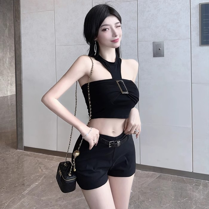 純欲風辣妹金屬扣掛脖背心女春夏露背無袖小吊帶上衣