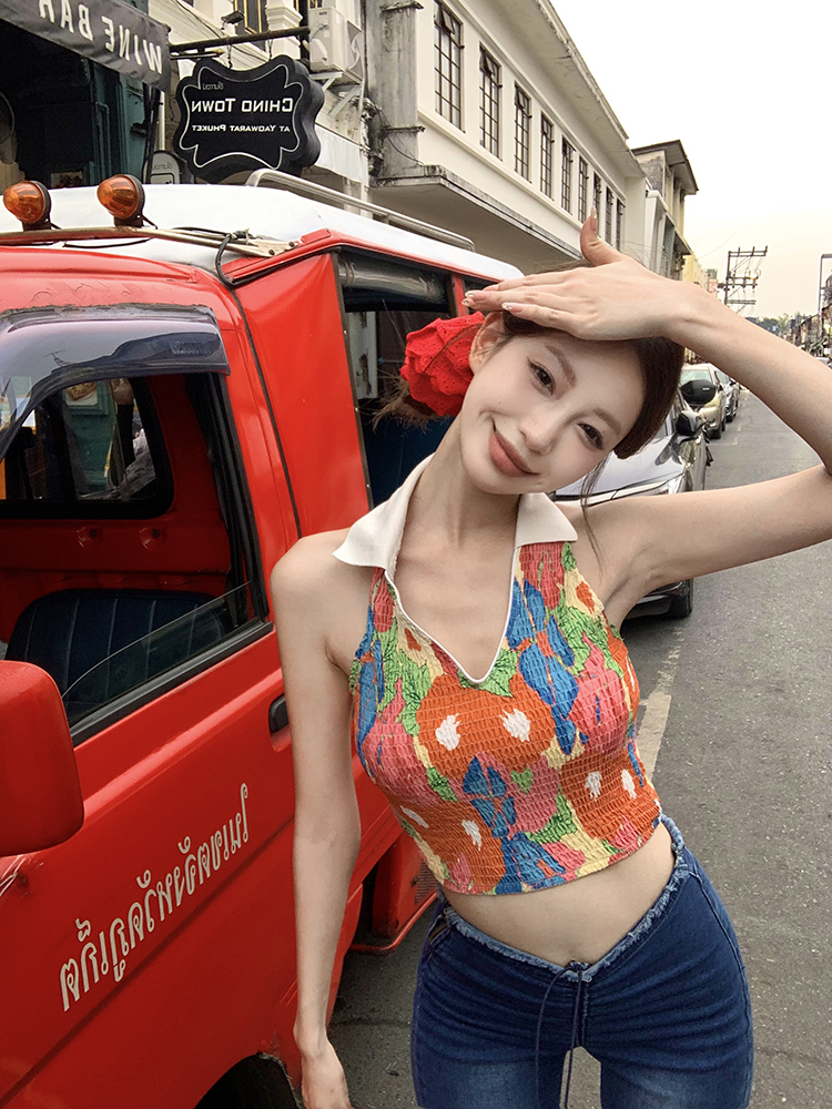 實拍 設計感小眾掛脖手繪印花翻領吊帶背心無袖露背抹胸上衣