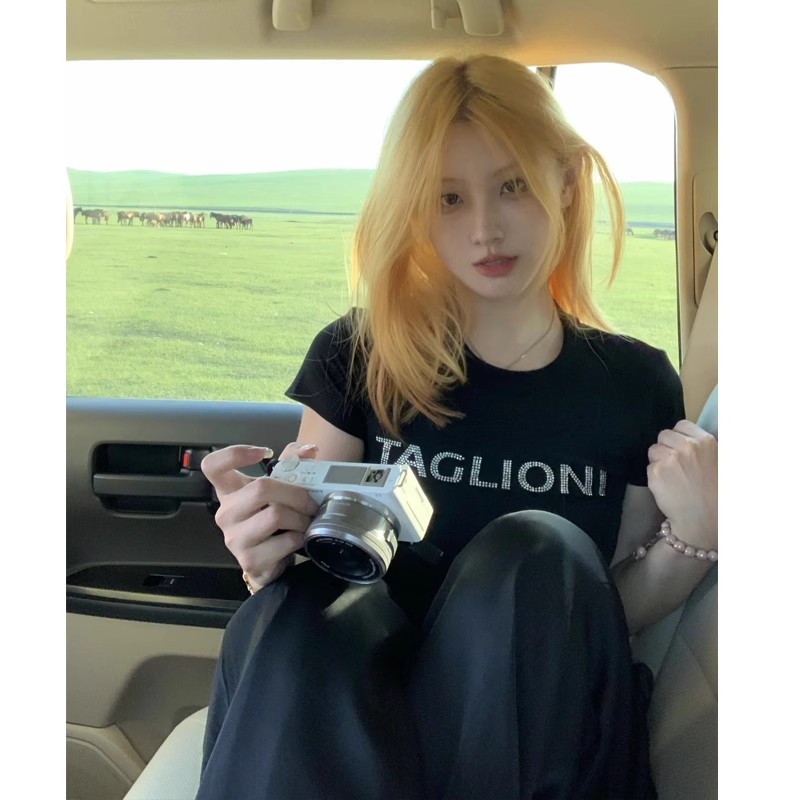 1*1純棉 高彈力重工鑲鑽夏季美式甜酷辣妹風修身顯瘦短款上衣