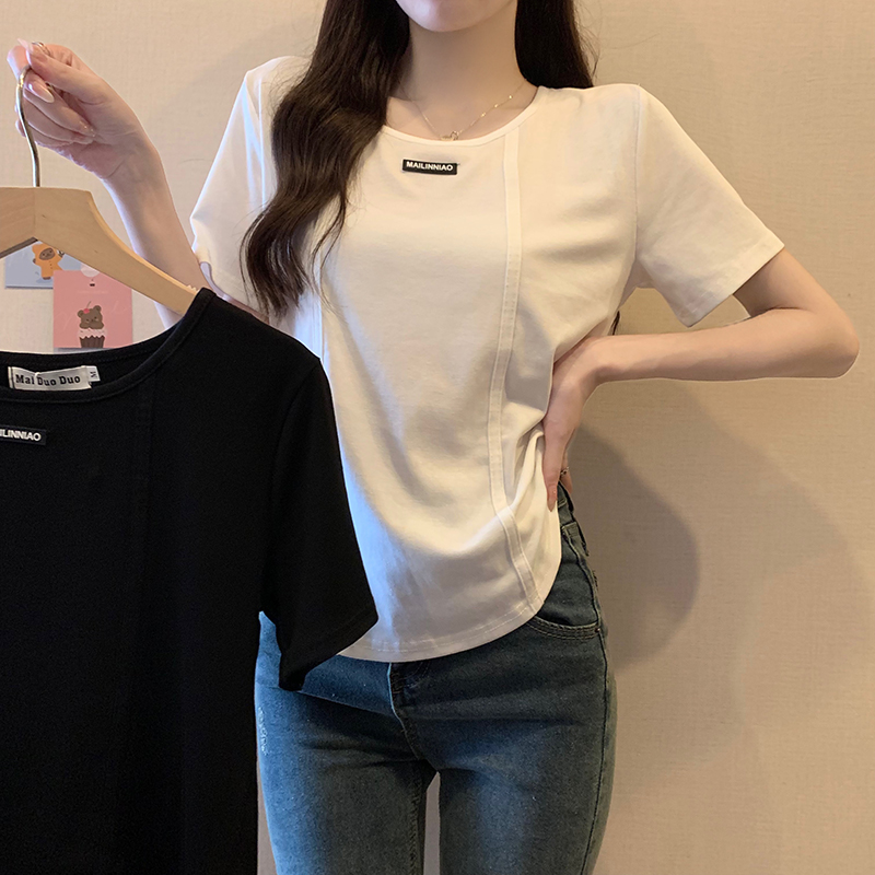 實拍1*1螺紋短袖t恤女夏2024拼接插肩袖短款圓領韓版上衣大碼女裝