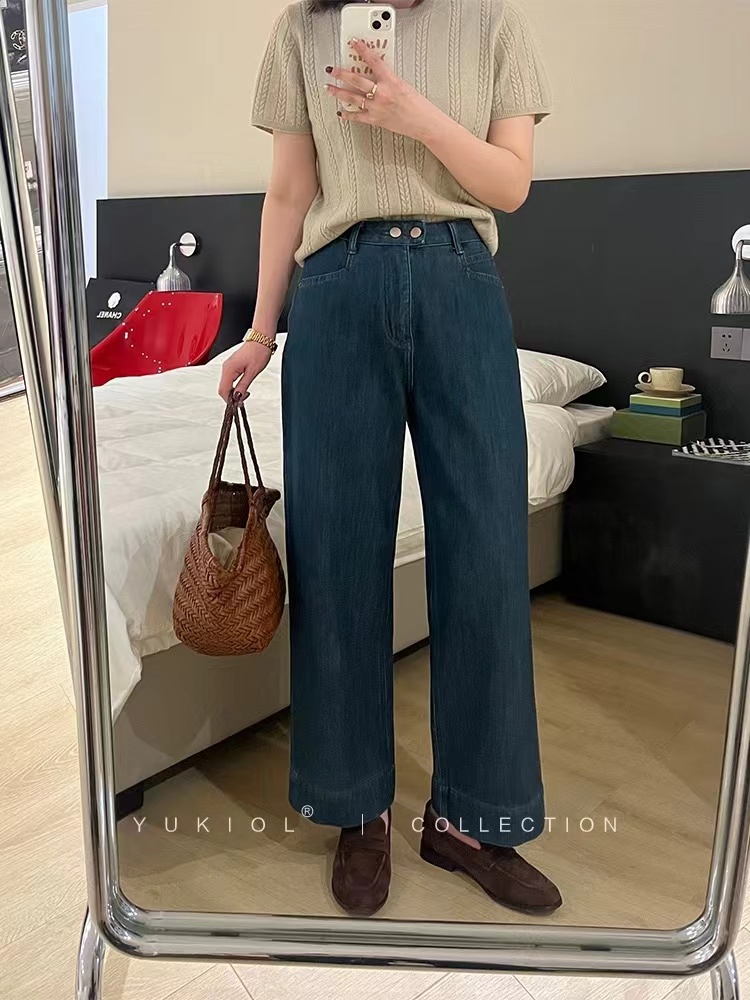小羽家直筒牛仔褲女2024春季新款闊腿褲寬鬆高腰深藍色九分奶奶褲