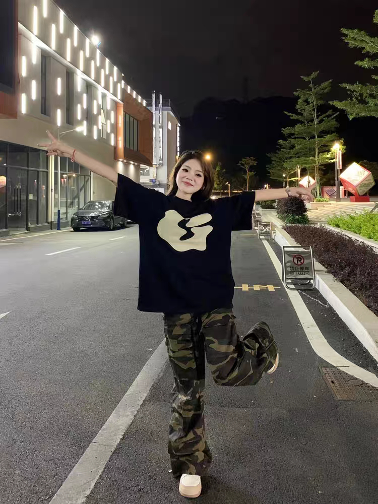 200克精梳純棉新款T恤女寬鬆大碼設計潮牌版印花上衣