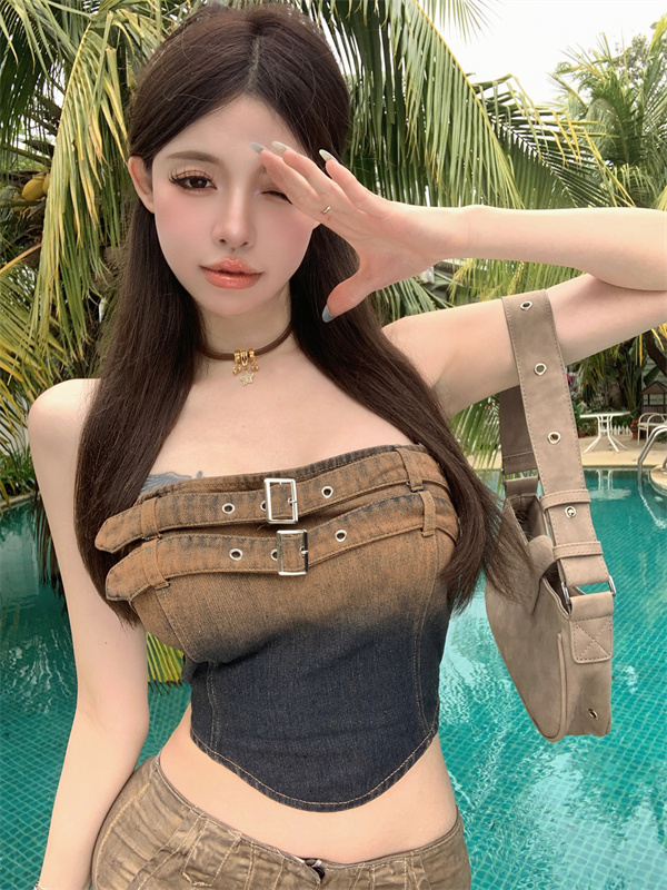 實拍 復古chic漸變牛仔辣妹短款抹胸背心