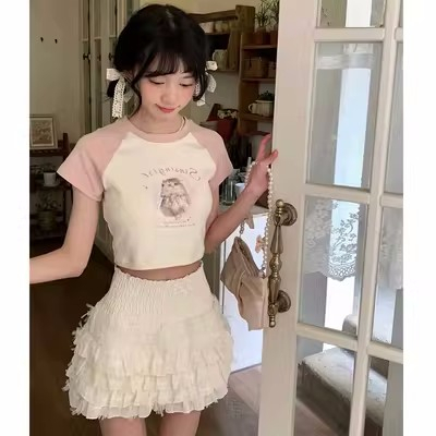 貓咪印花設計感撞色露臍短袖T恤女夏季修身打底短款露臍上衣ins
