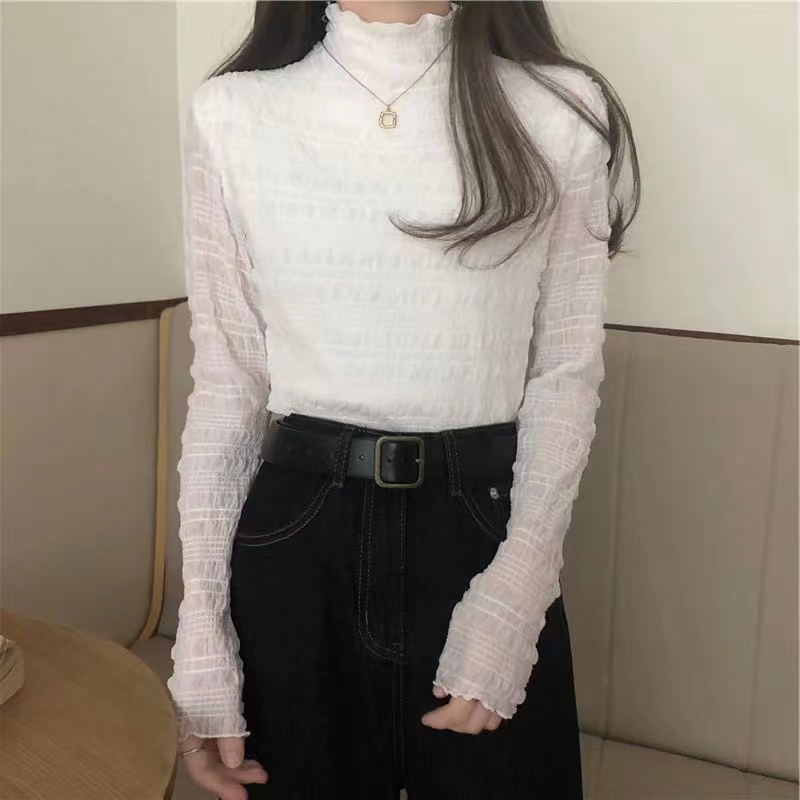 半高領長袖蕾絲打底衫修身內搭外穿上衣