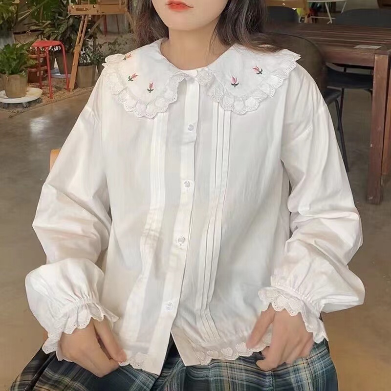 新款法式甜美刺繡娃娃領襯衫女設計感小眾洋氣百搭白襯衣