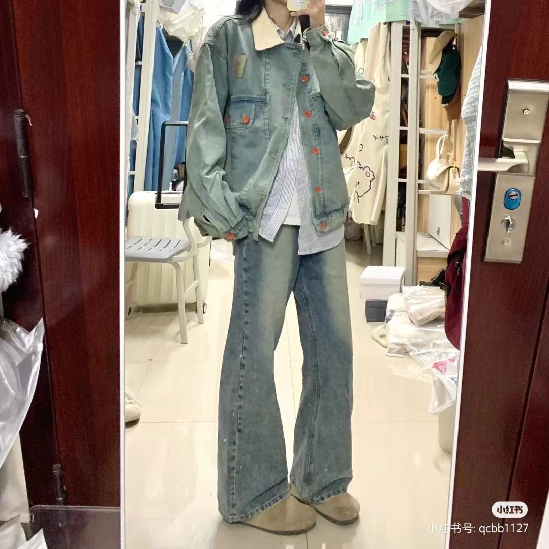 港風復古淺色水洗做舊拼接牛仔外套女春季情侶燈芯絨寬鬆夾克上衣