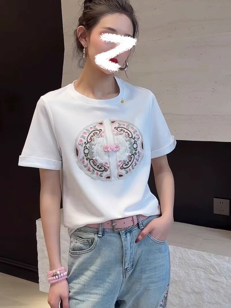 新中式國風重工刺繡短袖t恤女春夏新款正肩圓領百搭打底半袖上衣