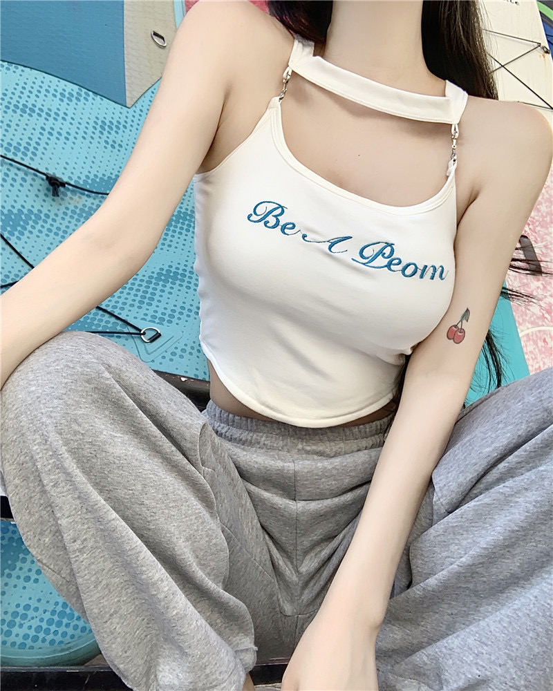 甜辣妹掛脖吊帶背心女裝設計感小眾內搭修身短款上衣字母/數字