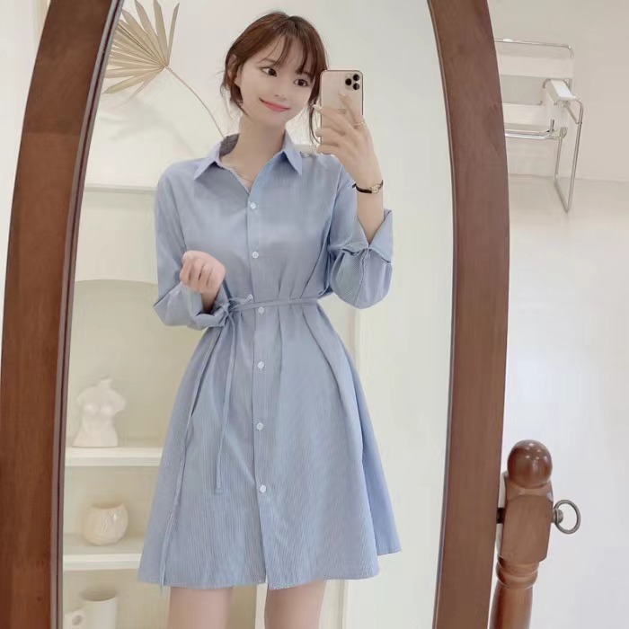 條紋襯衫裙女秋中長款小個子收腰氣質襯衣連衣裙