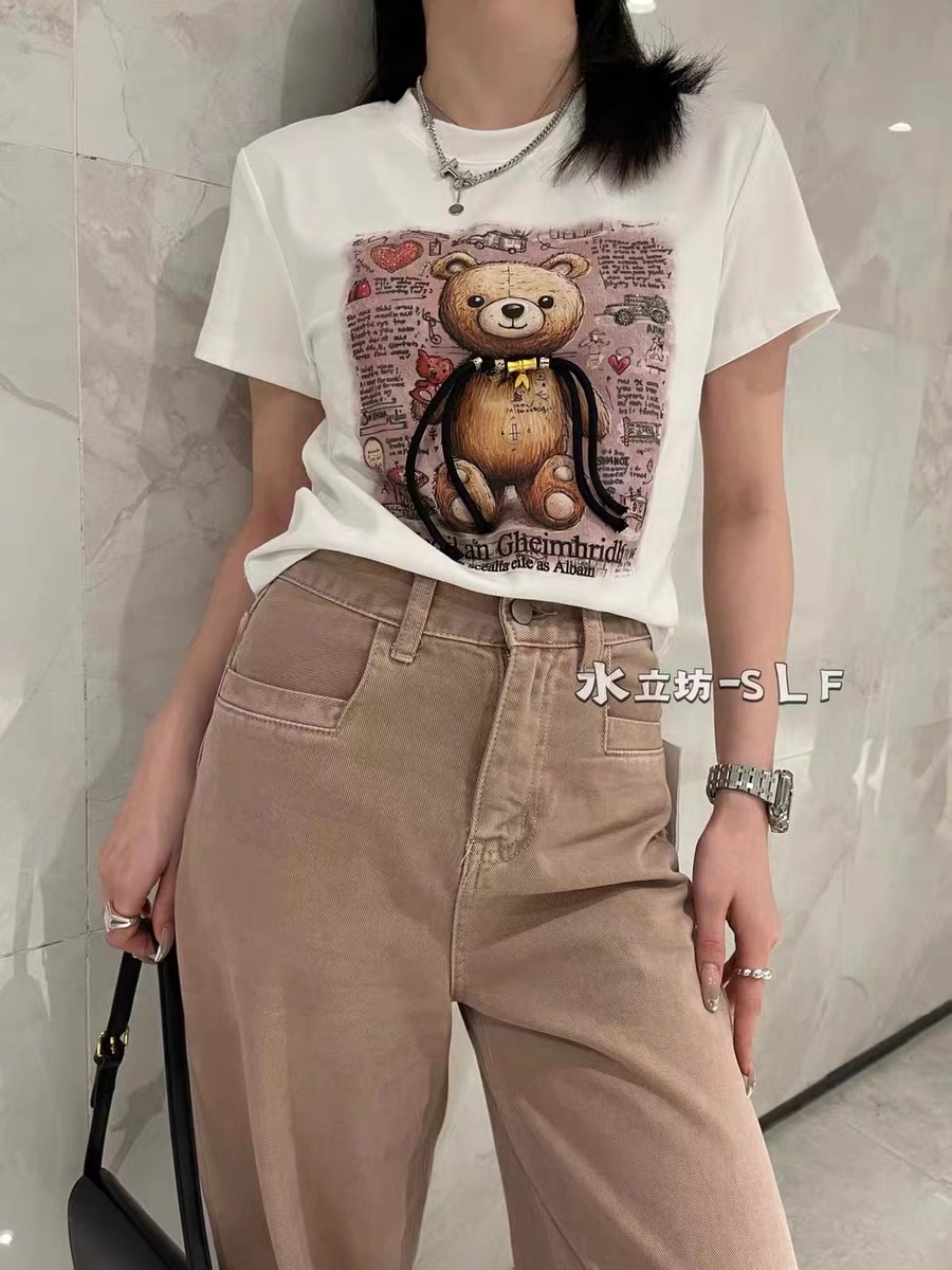 2024夏季新款短款新中式小熊卡通圖案顯瘦短袖t恤女