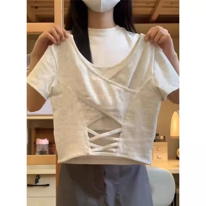 美式辣妹短袖t恤女修身顯瘦漏背短款露臍免穿內衣帶胸墊純欲上衣