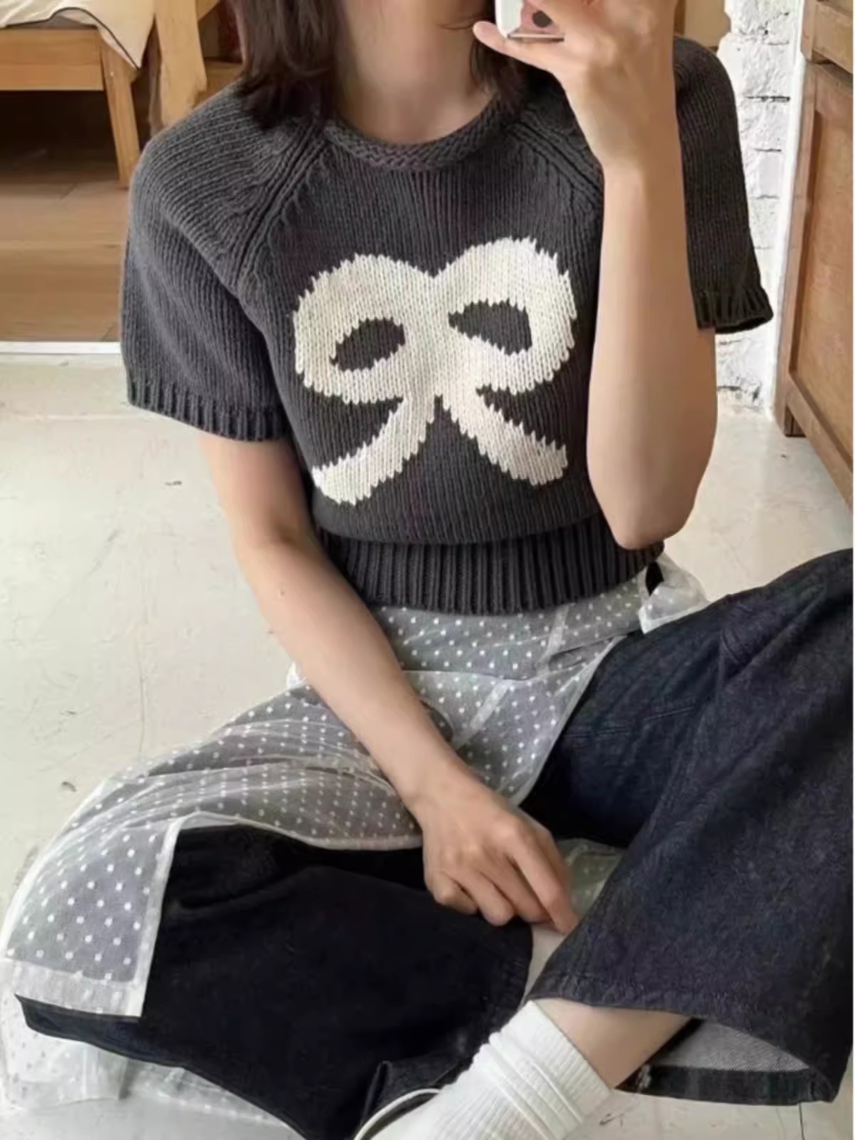 INS韓國東大門！減齡少女感可愛蝴蝶結針織短袖上衣春季新款